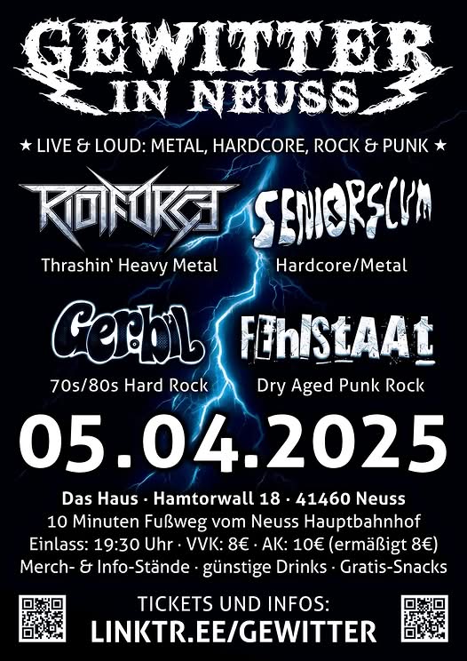 Flyer zum Festival „Gewitter in Neuss“, das am 5.4.2025 im Haus der Jugend in Neuss stattfindet.